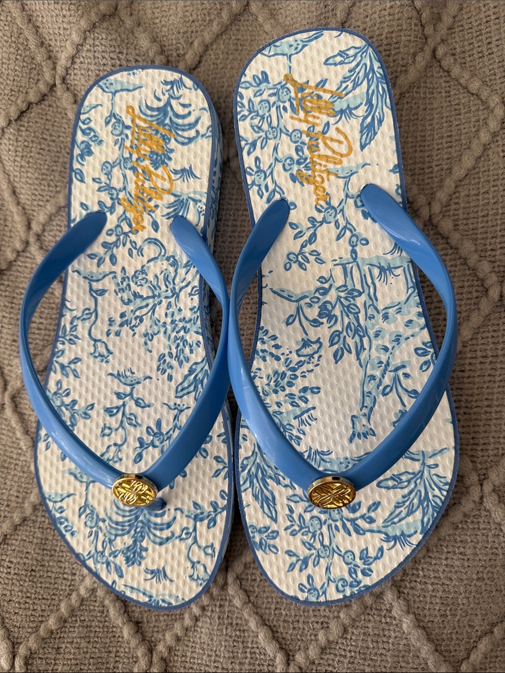 Lilly Pulitzer Blue and White Floral Flip Flops with Gold Accents